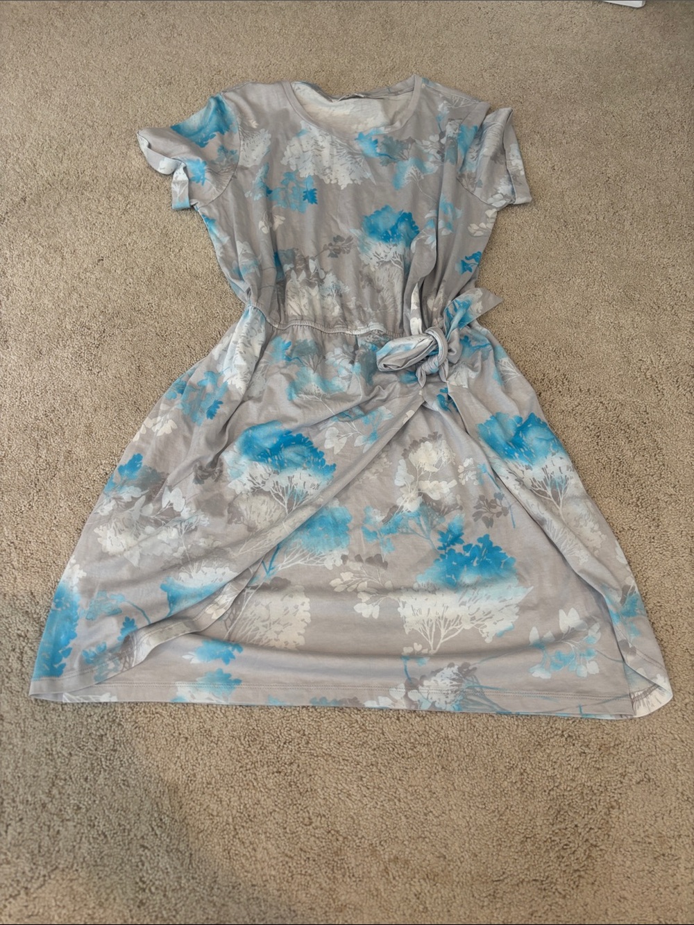 Calvin Klein Gray Floral Tie-Waist Pajama Dress with Blue Accents